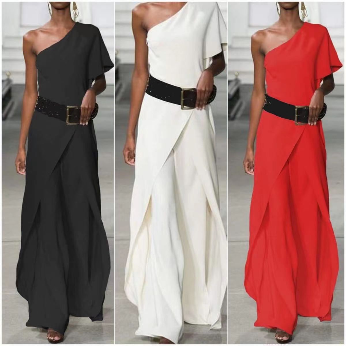 Tuta intera monospalla con rouche e pantalone palazzo